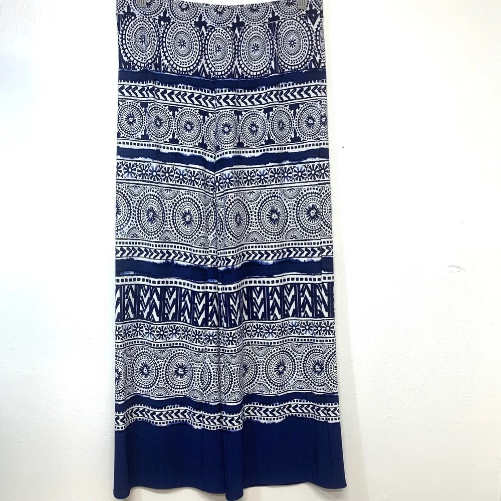 Chicos 1 Blue White Medallion Print Wide Leg Palazzo Pants Medium Boho